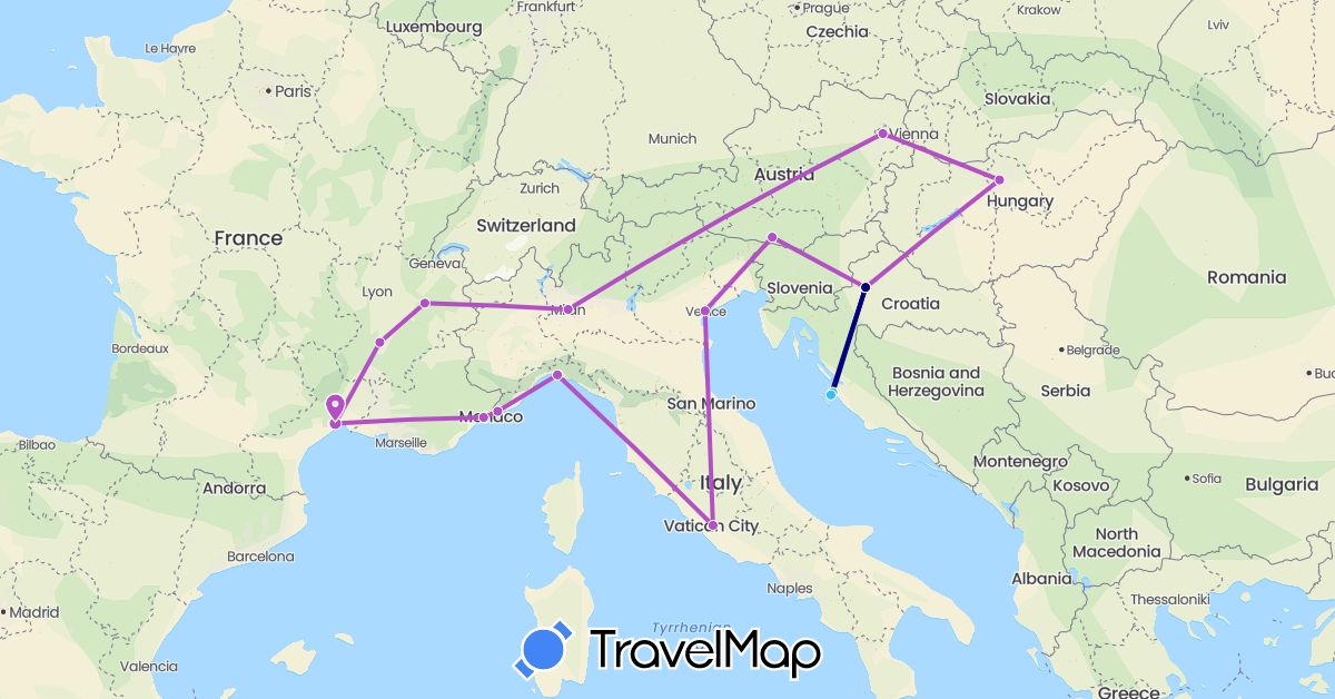 TravelMap itinerary: driving, train, boat in Austria, France, Croatia, Hungary, Italy (Europe)